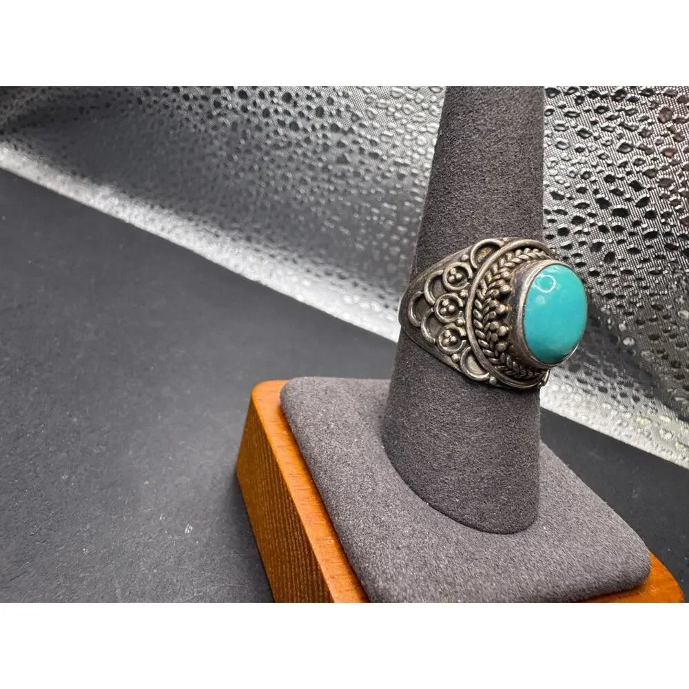 Vtg Southwestern 925 Sterling Silver Oval Turquoise Ring Filigree Rope Sz 9